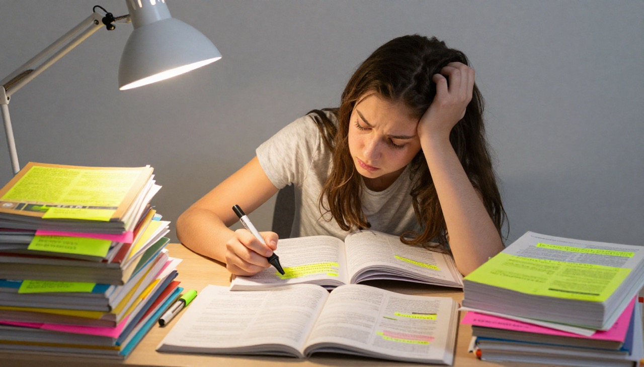 High school student looking overwhelmed while studying with heavily highlighted textbooks and colorful notes spread across her desk.