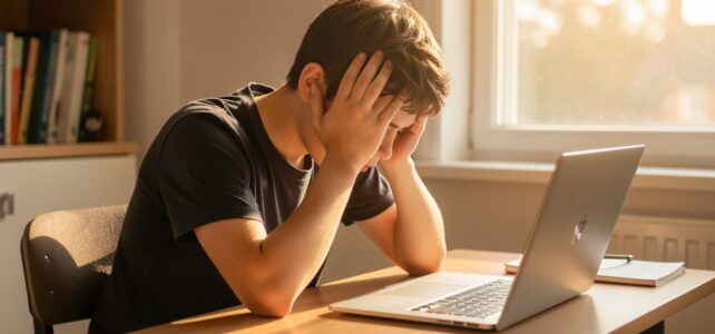 Teenage boy with head in hands at desk with open laptop, showing signs of ADHD burnout and executive function fatigue