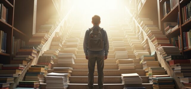 Student with backpack standing at the bottom of a staircase made of books in a library, symbolizing the challenge of improving grades.