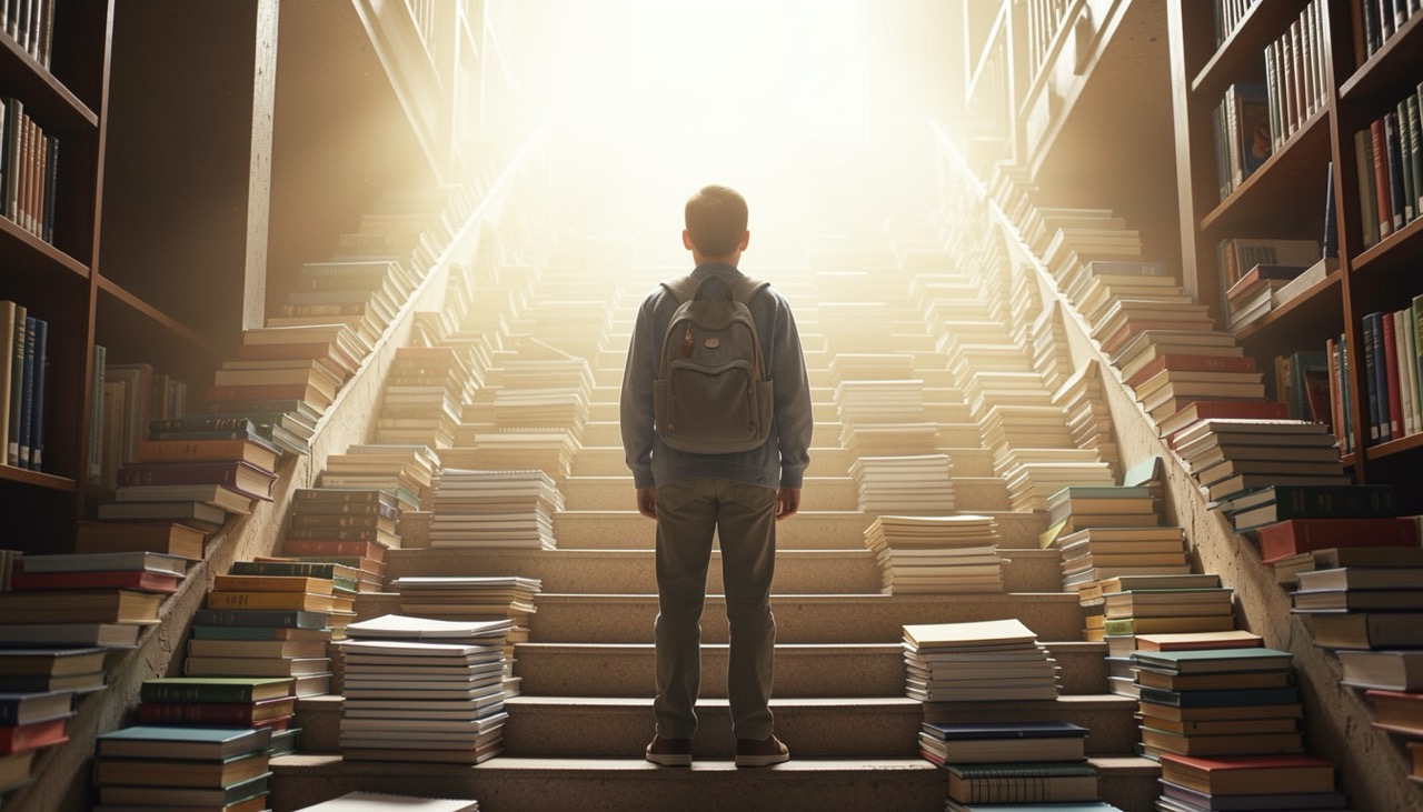 Student with backpack standing at the bottom of a staircase made of books in a library, symbolizing the challenge of improving grades.