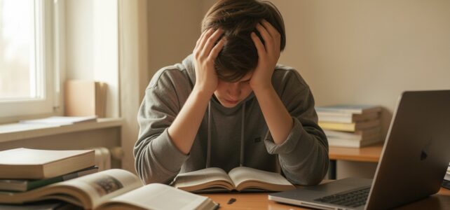 Teenage boy with head in hands at desk with open laptop, showing signs of ADHD burnout and executive function fatigue