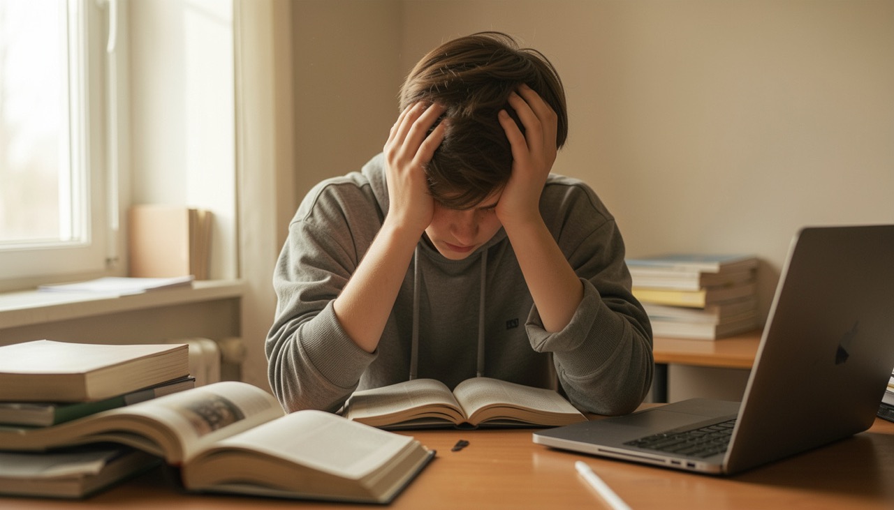 Teenage boy with head in hands at desk with open laptop, showing signs of ADHD burnout and executive function fatigue