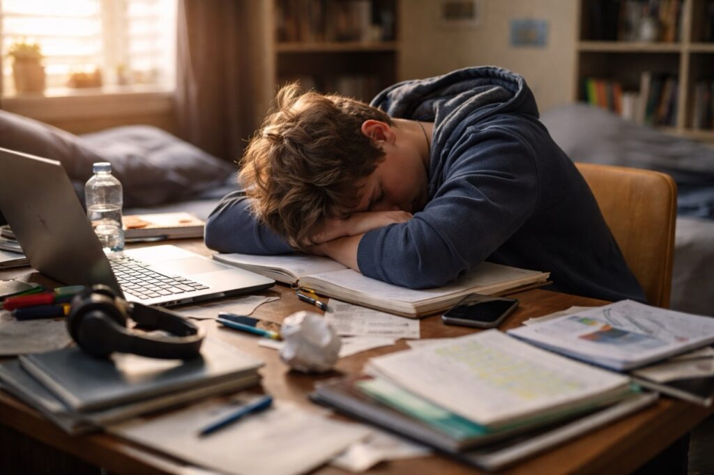 High school student asleep at a cluttered desk with books and laptop, showing exhaustion and overwhelm during late school year workload