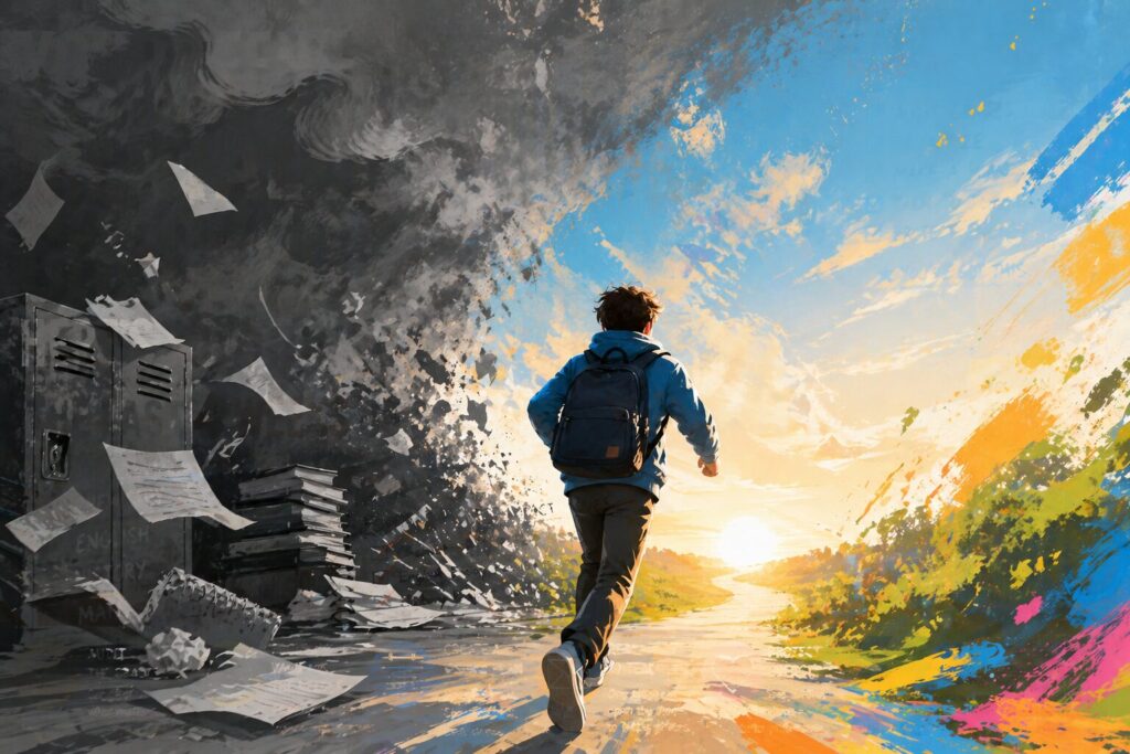 Abstract illustration of a student moving from a dark, chaotic academic landscape into a bright, colorful horizon, symbolizing renewed motivation and a breakthrough at the end of the school year.
