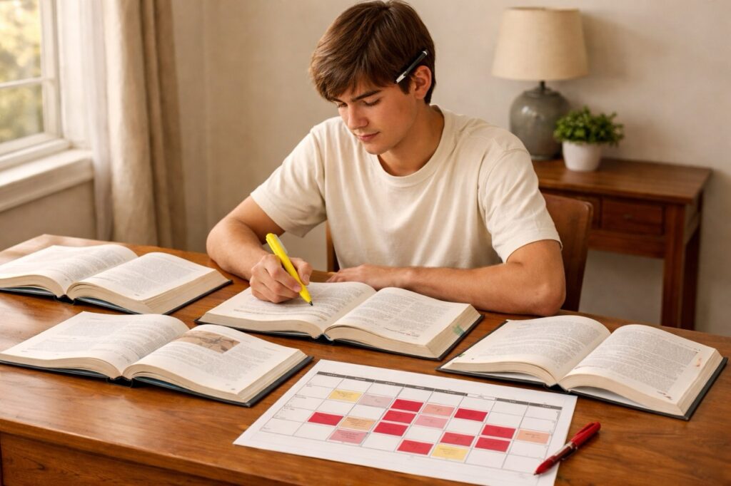 High school student studying for multiple AP exams at an organized desk with open textbooks and a color-coded calendar