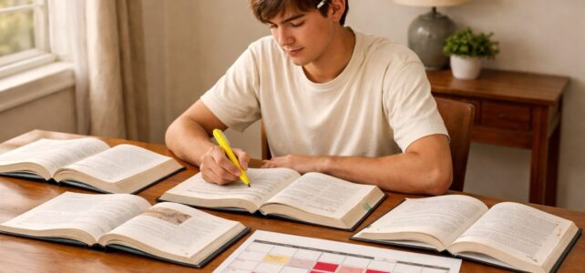 High school student studying for multiple AP exams at an organized desk with open textbooks and a color-coded calendar
