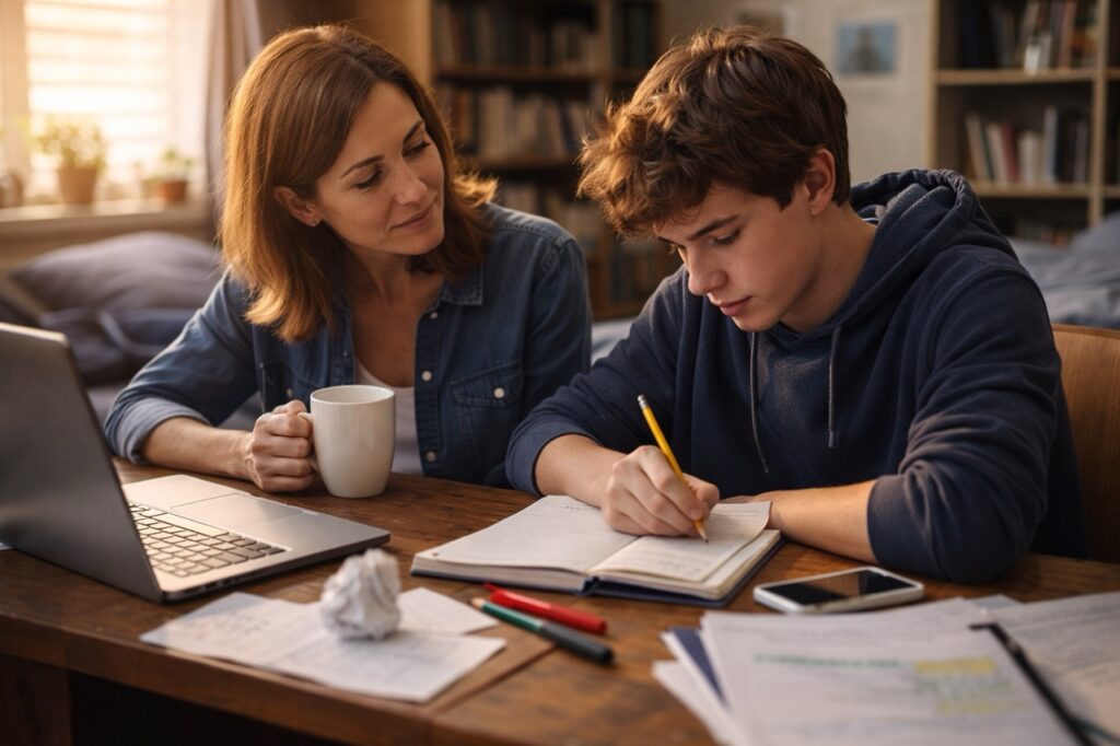 A parent sits next to their teenager during a study session, providing calm, non-intrusive support while the student focuses on schoolwork, illustrating effective executive function support strategies for ADHD students.