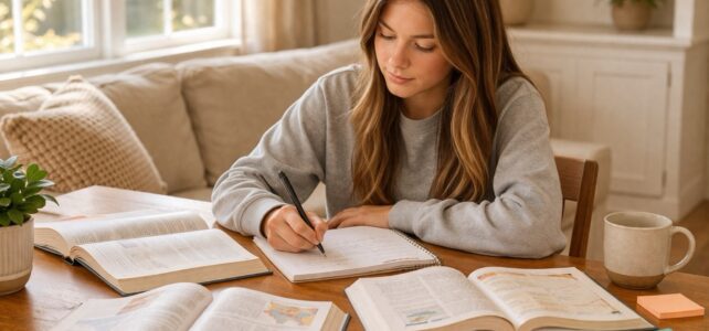High school student studying during spring break, writing in notebook with open textbooks and study plan on table