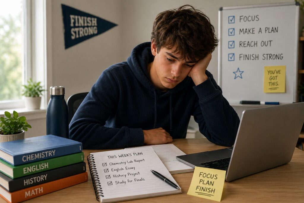 Overwhelmed high school student sitting at a desk with books, planner, and laptop, appearing mentally fatigued while trying to organize end-of-year schoolwork.