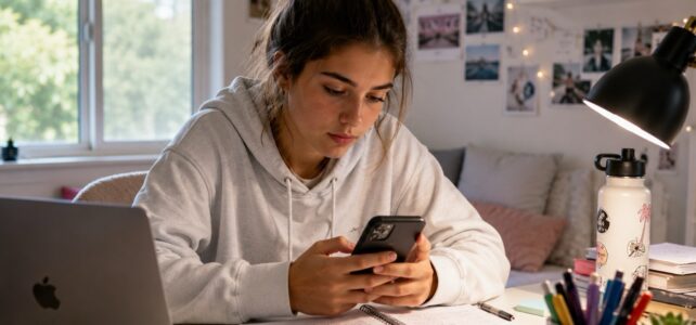 The Best Study Apps for High School Students in 2026 Teen girl sitting at a desk using her smartphone to organize study materials, surrounded by notebooks, laptop, pens, and school supplies in a cozy, sunlit bedroom workspace.
