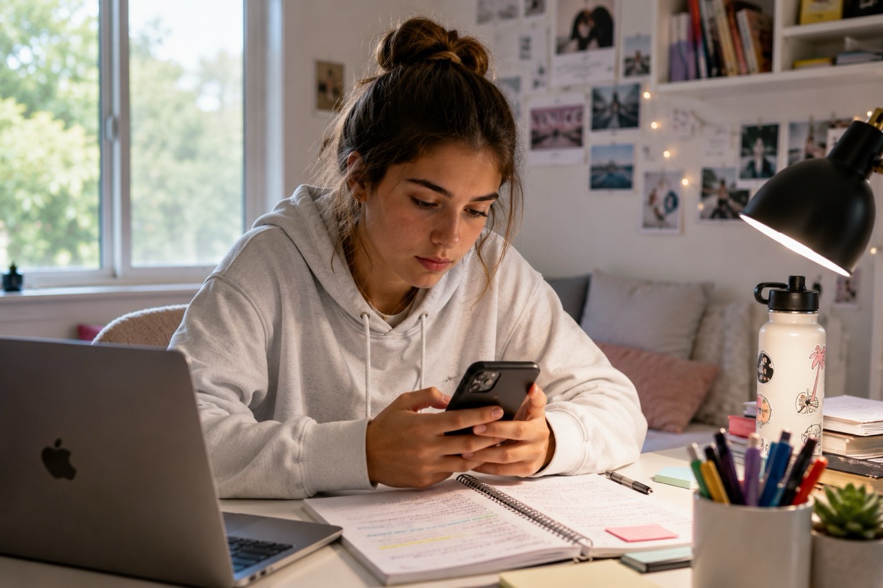 Teen girl sitting at a desk using her smartphone to organize study materials, surrounded by notebooks, laptop, pens, and school supplies in a cozy, sunlit bedroom workspace.