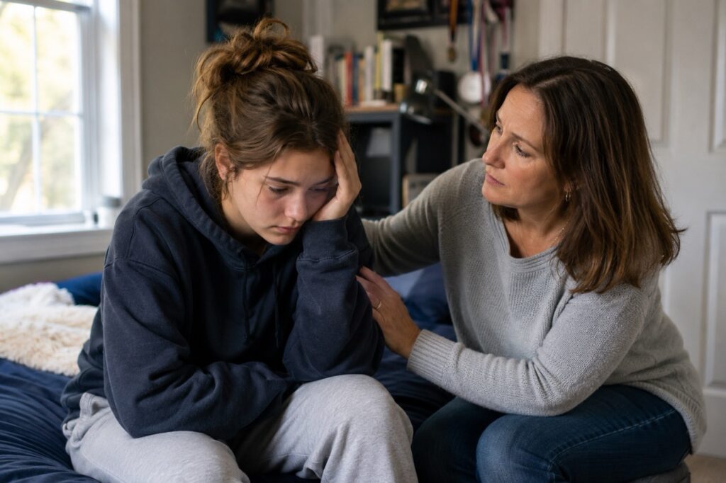 A stressed teenage girl sitting on her bed in a hoodie while a supportive parent sits beside her offering comfort and reassurance in a softly lit bedroom.