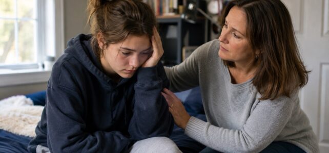 A stressed teenage girl sitting on her bed in a hoodie while a supportive parent sits beside her offering comfort and reassurance in a softly lit bedroom.