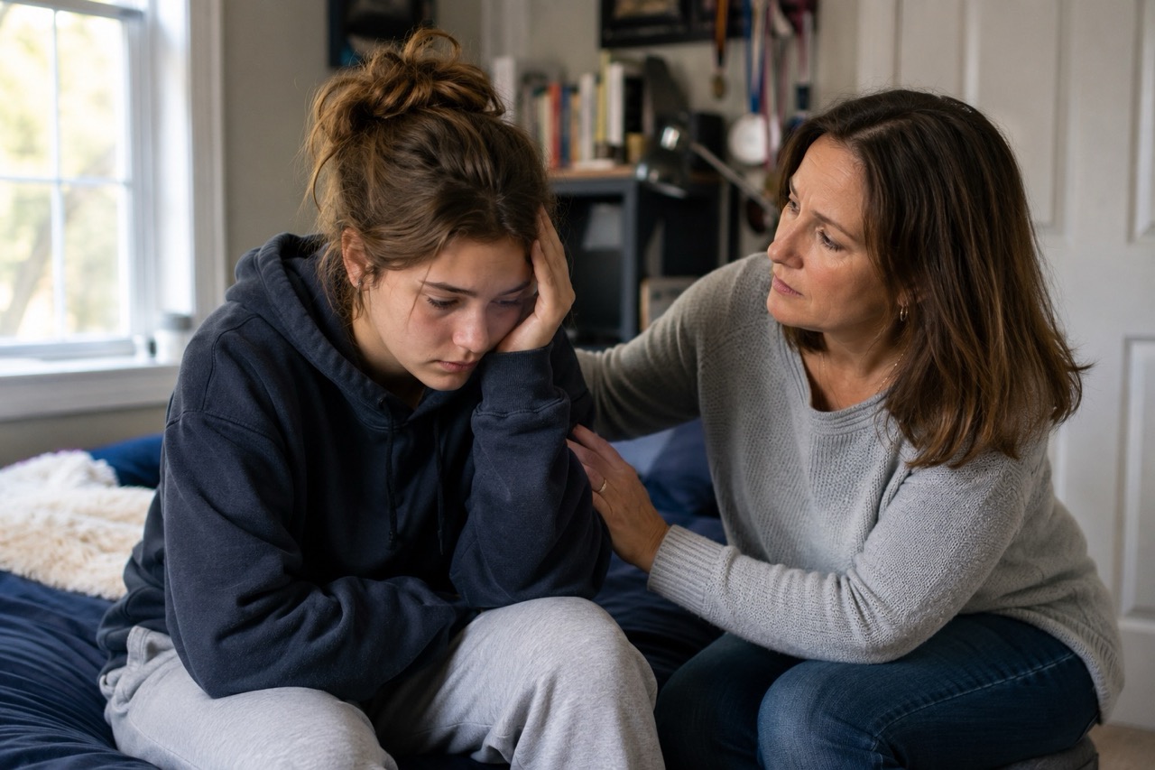 A stressed teenage girl sitting on her bed in a hoodie while a supportive parent sits beside her offering comfort and reassurance in a softly lit bedroom.