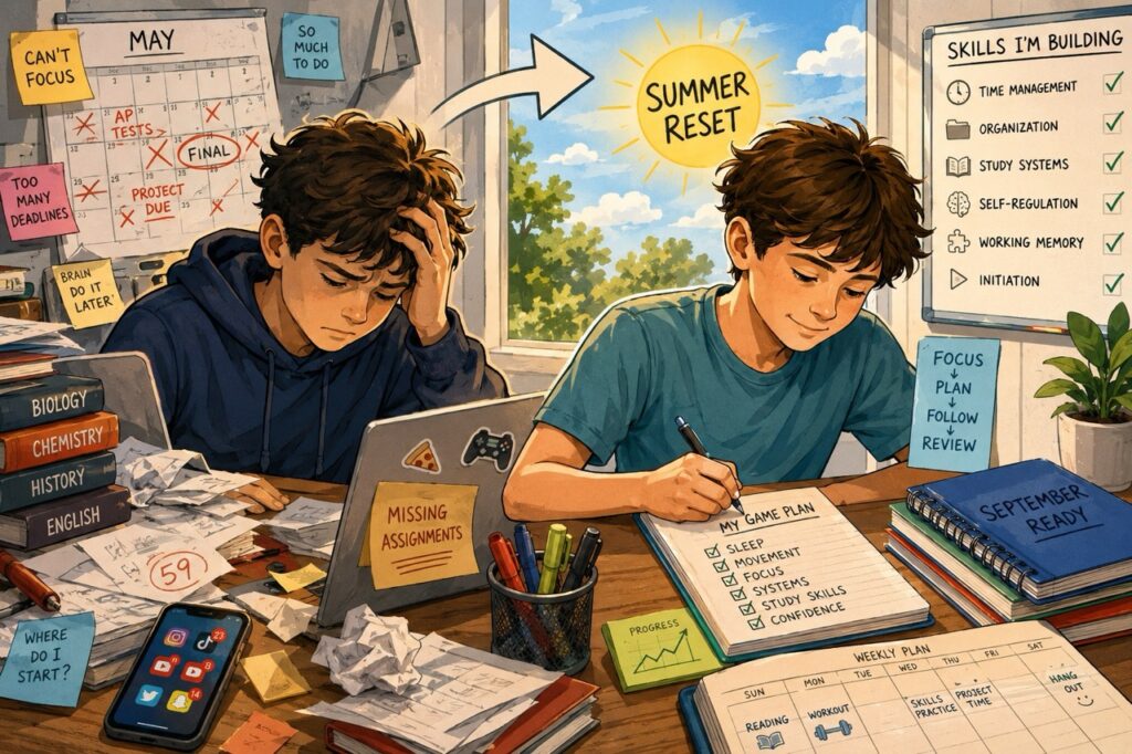 Illustrated split-scene of an ADHD teenager transitioning from overwhelmed school stress in May to organized summer skill-building with planners, routines, and study systems.