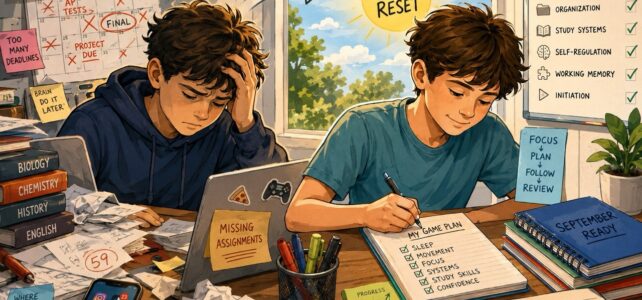 How ADHD Students Can Use Summer to Build the Skills That Cracked This Year Illustrated split-scene of an ADHD teenager transitioning from overwhelmed school stress in May to organized summer skill-building with planners, routines, and study systems.