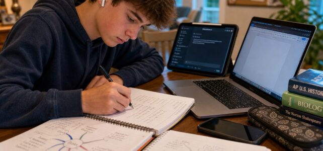 High school student wearing earbuds writes notes in a notebook at a desk with an open laptop, textbooks, and mind maps spread out in a home study space