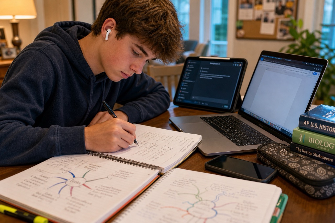 High school student wearing earbuds writes notes in a notebook at a desk with an open laptop, textbooks, and mind maps spread out in a home study space