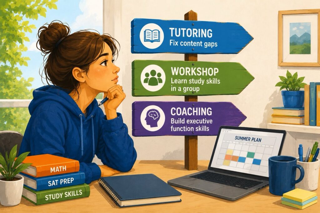 Illustrated teen girl sitting at a desk thinking about summer academic support options, with colorful signposts for tutoring, workshops, and coaching in a bright study-themed workspace.