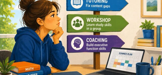 Illustrated teen girl sitting at a desk thinking about summer academic support options, with colorful signposts for tutoring, workshops, and coaching in a bright study-themed workspace.