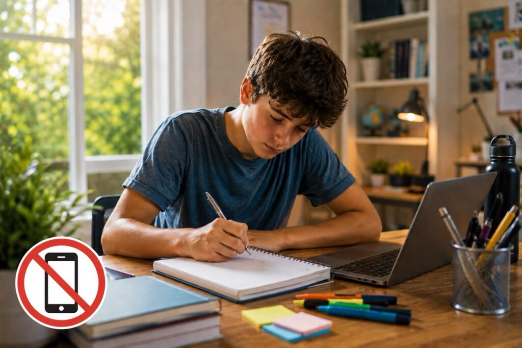 Teenage student studying at a desk in a bright home workspace while a no-phone symbol highlights distraction-free learning and improved focus.