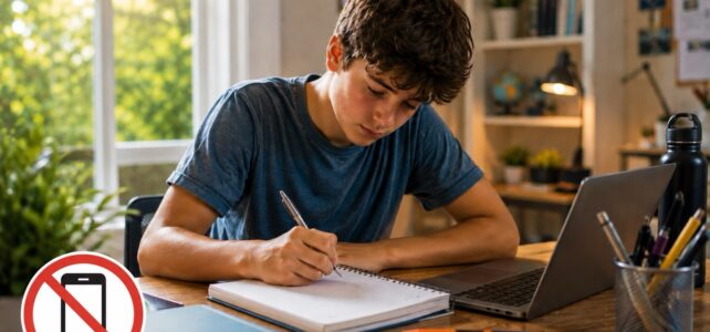 Teenage student studying at a desk in a bright home workspace while a no-phone symbol highlights distraction-free learning and improved focus.