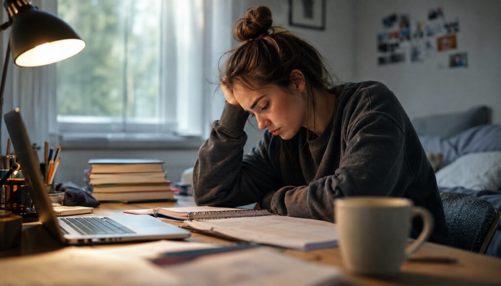 College-bound student studying alone at a desk with a laptop, notebooks, and textbooks, illustrating the challenges of preparing for the transition to college with ADHD.