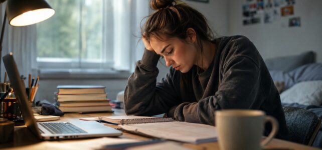 College-bound student studying alone at a desk with a laptop, notebooks, and textbooks, illustrating the challenges of preparing for the transition to college with ADHD.