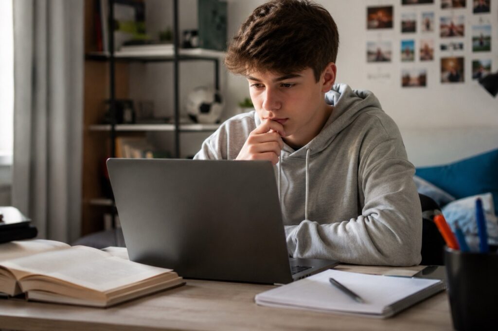 Teen studying at a desk with a laptop, open book, and notebook, illustrating the use of AI tools like ChatGPT for summer reading and school assignments.
