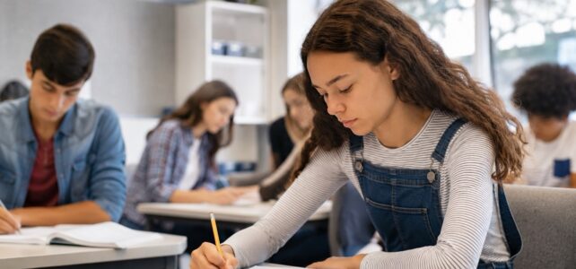 Teenage student taking handwritten notes in a classroom while classmates work at their desks, illustrating the return to focused, phone-free learning and in-class writing.