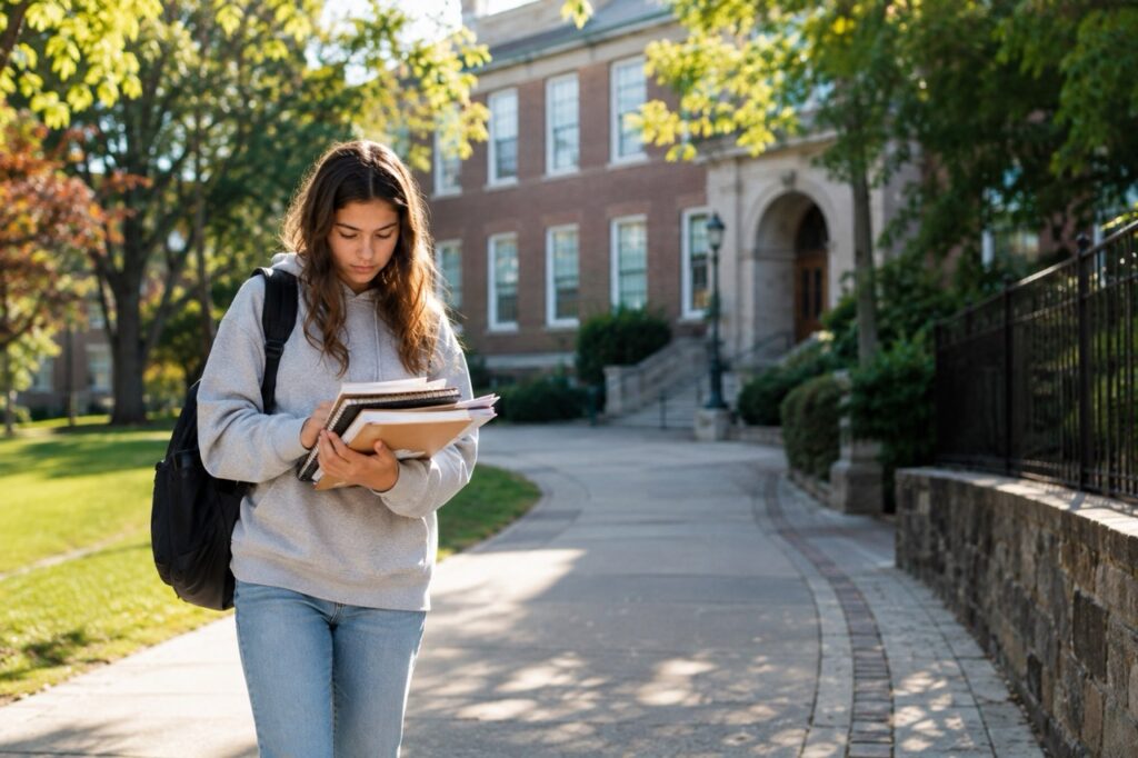 Teenage student walking across a high school campus with a backpack and stack of books, preparing for the transition to 9th grade.