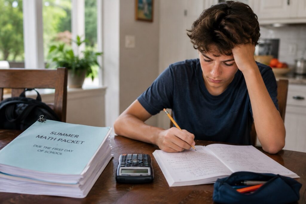 Teenager working on a summer math packet at a kitchen table with a pencil, calculator, worksheets, and backpack nearby.
