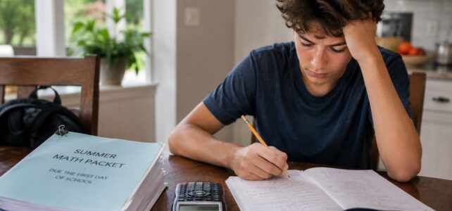 Didn’t Finish the Summer Math Packet? Here’s a Realistic Plan to Finish It Teenager working on a summer math packet at a kitchen table with a pencil, calculator, worksheets, and backpack nearby.
