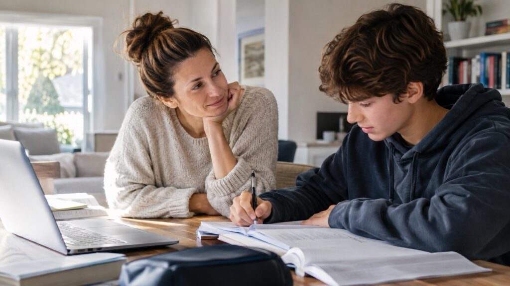 Mother sitting beside her teenage son as he works on homework at a kitchen table with books and a laptop.
