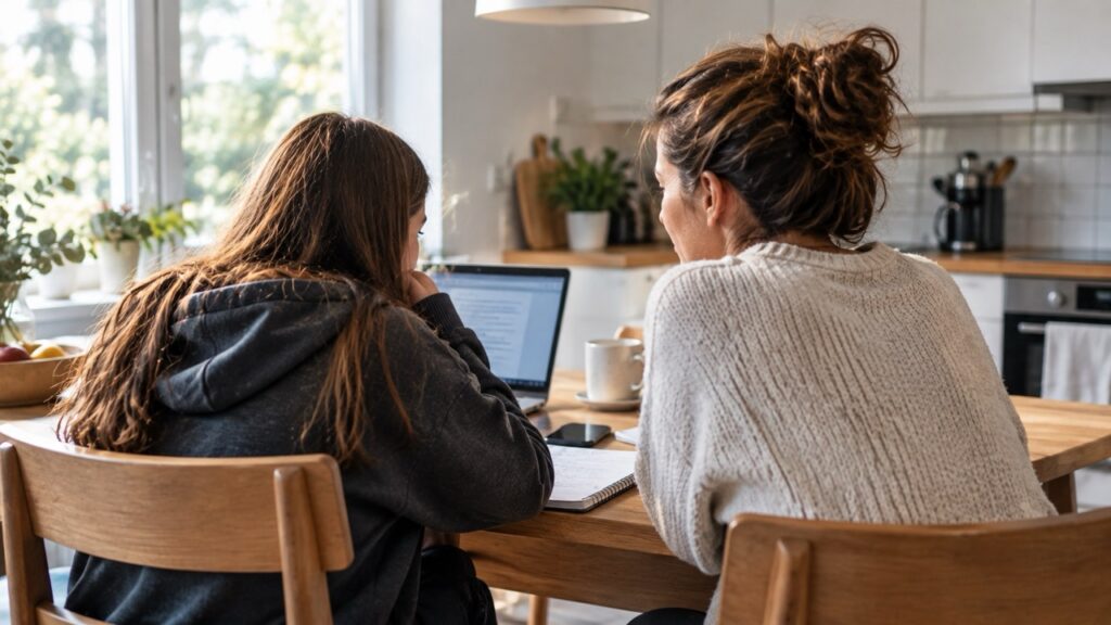 Parent and teenage daughter sitting together at a kitchen table, looking at a laptop and discussing schoolwork.
