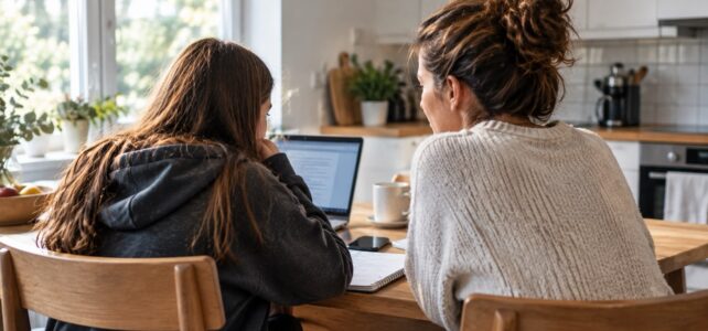 Parent and teenage daughter sitting together at a kitchen table, looking at a laptop and discussing schoolwork.