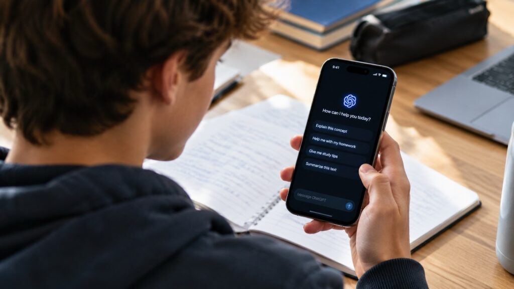 Teenager using an AI assistant on a smartphone while studying at a desk with a notebook and laptop.