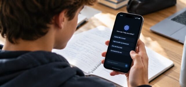 Teenager using an AI assistant on a smartphone while studying at a desk with a notebook and laptop.