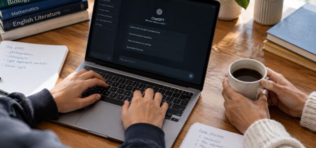 Teenager using AI on the laptop to help with the homework and his parent sitting nearby.