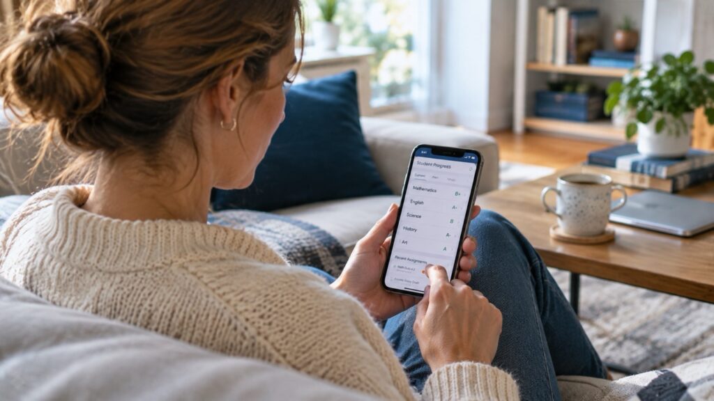 Parent sitting on a sofa at home, reviewing their child’s grades and assignments on a smartphone.