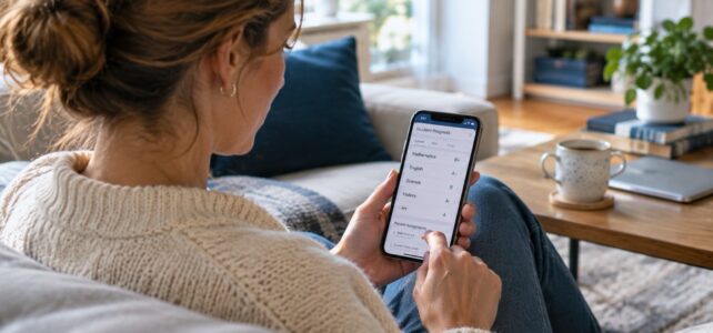 Parent sitting on a sofa at home, reviewing their child’s grades and assignments on a smartphone.