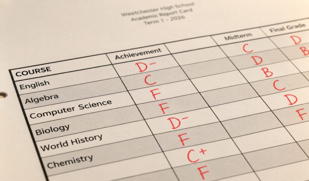 Close-up of a Westchester High School report card for 2026, showing red handwritten grades for English, Algebra, Computer Science, Biology, World History, and Chemistry on a printed table, in warm lighting.